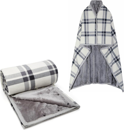 forestfish Fleece Wearable Blanket, Plaid Lap Blanket Comfy Poncho Throw with Buttons for Bed Sofa Office, Grey-White