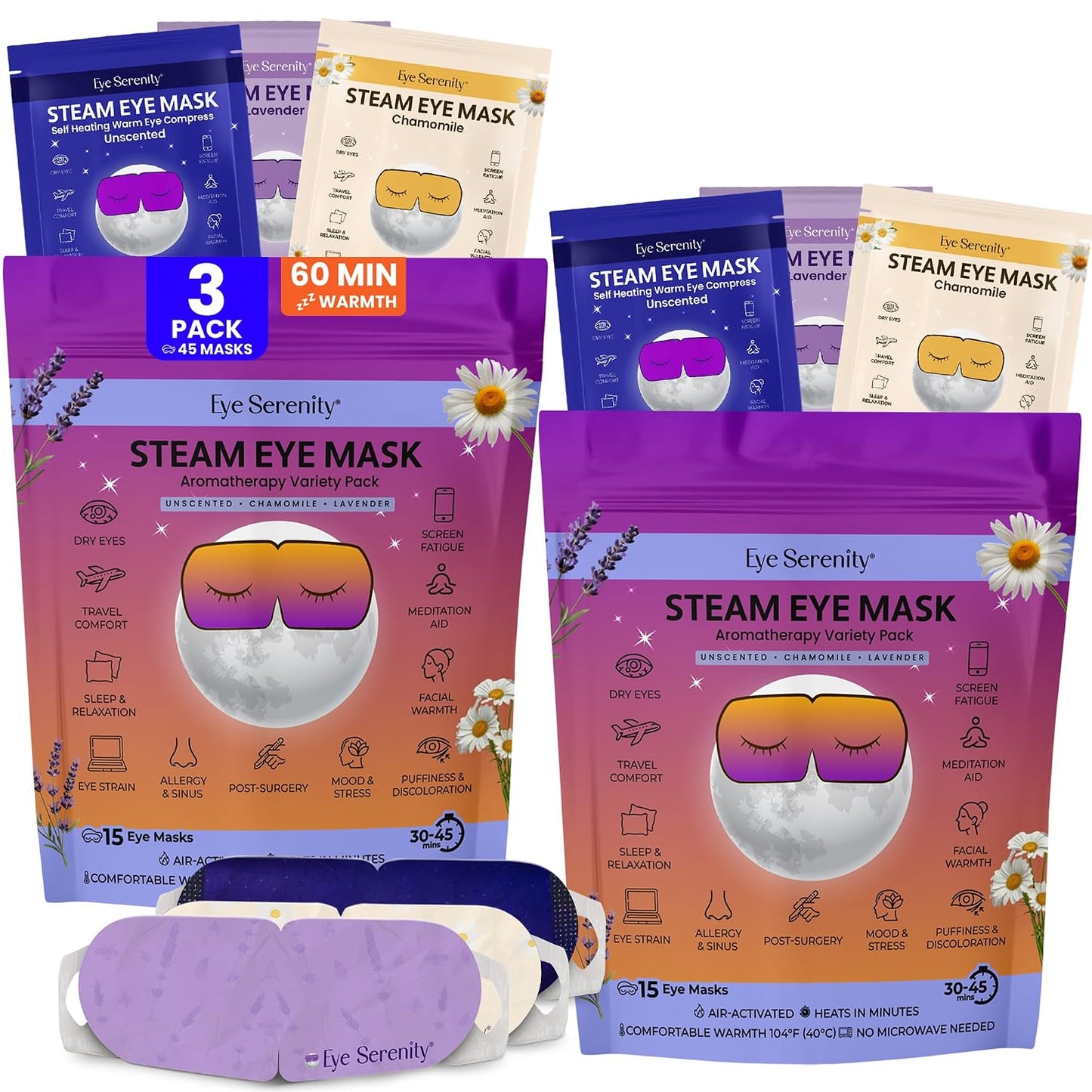 Eye Serenity Steam Eye Mask, Heated Eye Mask, Self Heating Warm Compress for Dry Eyes, Fast Relief for Stye, Puffy Sensitive Eyes, Moist Heat, Gift for Women and Men - Unscented