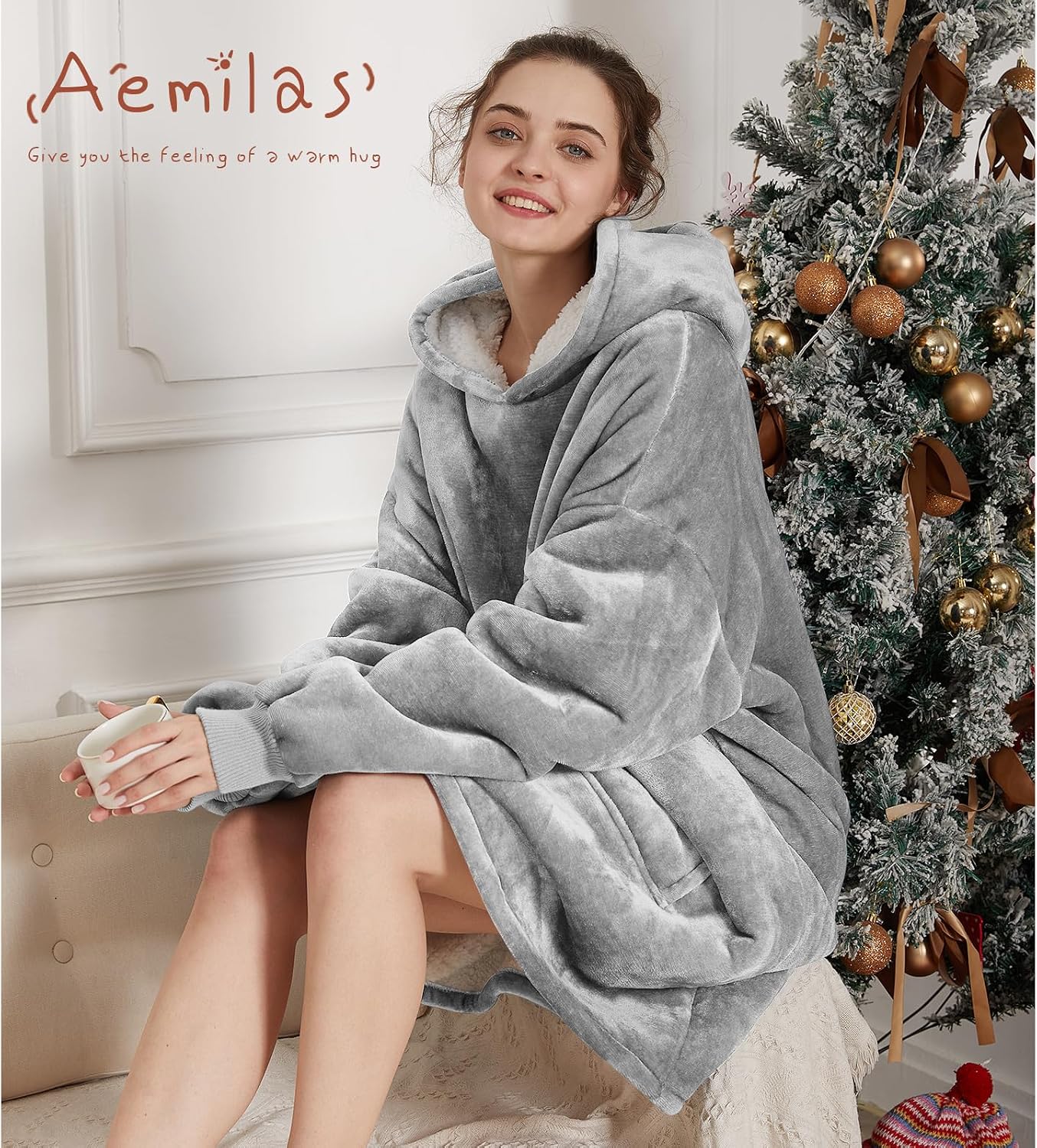 Aemilas Wearable Blanket Hoodie - Warm Sherpa Blanket Sweatshirt as Gifts for Adult Women Mom Men, One Size Fits All