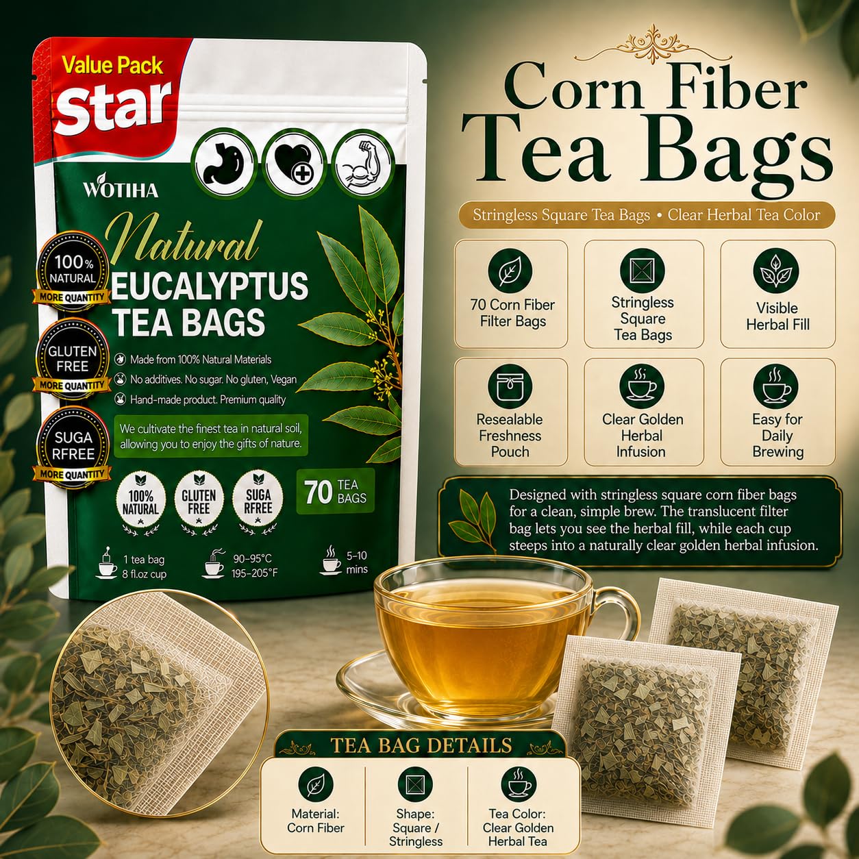 WOTIHA 60 Count Premium Lemon Balm Tea Bags - 100% Pure Natural Leaves, Lemony Citrusy Flavor, Supports Calming & Digestion, Caffeine-Free, Additive-Free, Sugar-Free, Vegan Non-GMO