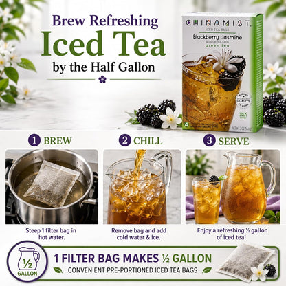 China Mist Iced Tea – Blackberry Jasmine Green Tea Infusion – Refreshing and Delicious – Each Tea Bag Yields 1/2 Gallon – 4 bags.