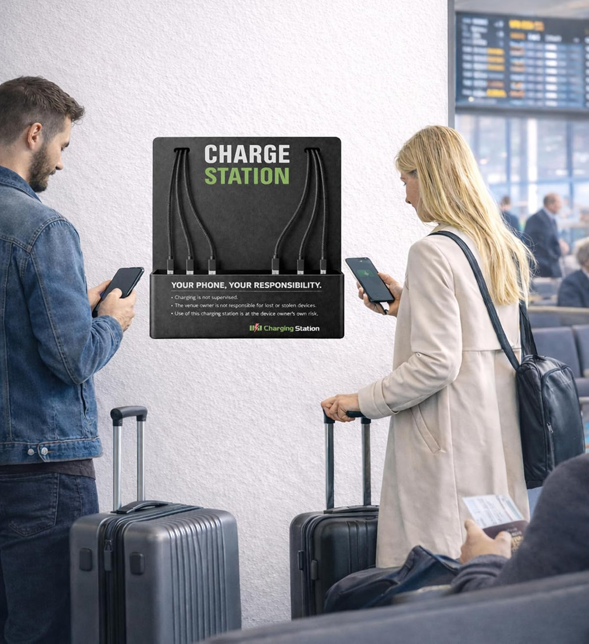 Commercial Wall Mounted Cell Phone Charging Station with 6 Charging Cables