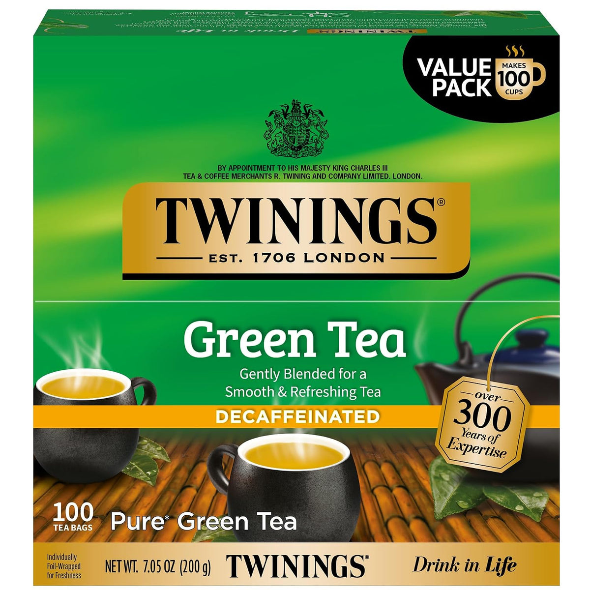 Twinings Decaffeinated Green Tea Individually Wrapped Bags, 100 Count (Pack of 1), Smooth Flavour, Enticing Aroma, Enjoy Hot or Iced, 100 Teabags