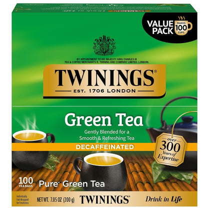 Twinings Decaffeinated Green Tea Individually Wrapped Bags, 100 Count (Pack of 1), Smooth Flavour, Enticing Aroma, Enjoy Hot or Iced, 100 Teabags