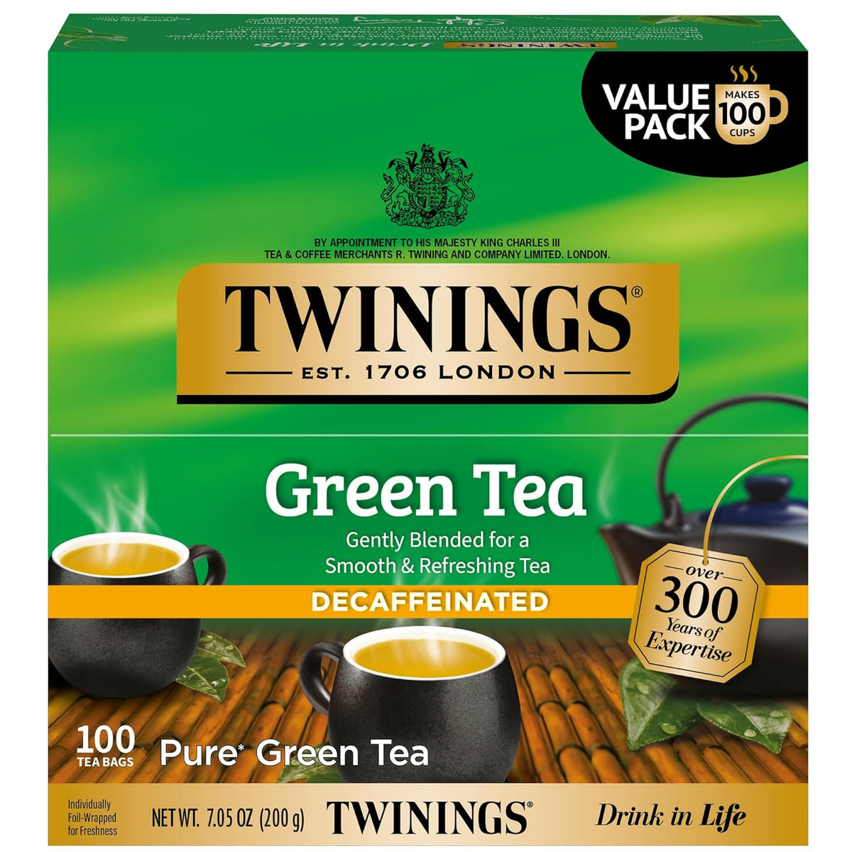 Twinings Decaffeinated Green Tea Individually Wrapped Bags, 100 Count (Pack of 1), Smooth Flavour, Enticing Aroma, Enjoy Hot or Iced, 100 Teabags