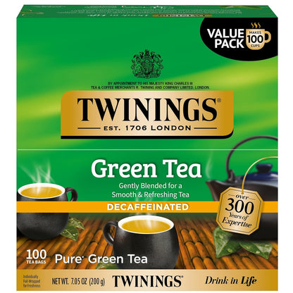 Twinings Decaffeinated Green Tea Individually Wrapped Bags, 100 Count (Pack of 1), Smooth Flavour, Enticing Aroma, Enjoy Hot or Iced, 100 Teabags
