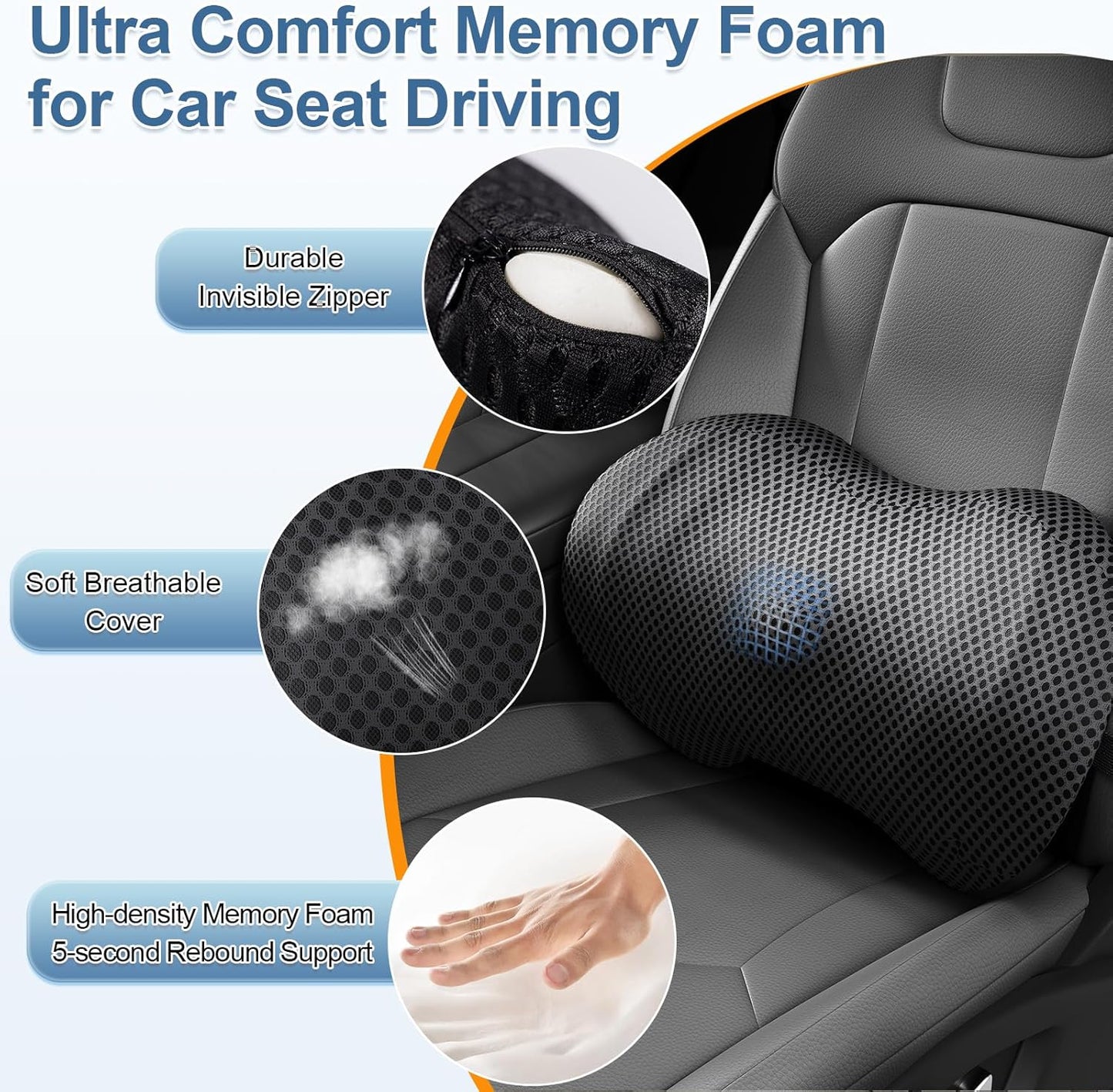 Lumbar Support Pillow for Car, Ergonomic Back Cushion with Strap, Memory Foam Lower Back Support Cushion for Driving, Lumbar Pillow for Pain Relief, for Office Chair, Long Sitting (Black 4D Mesh)