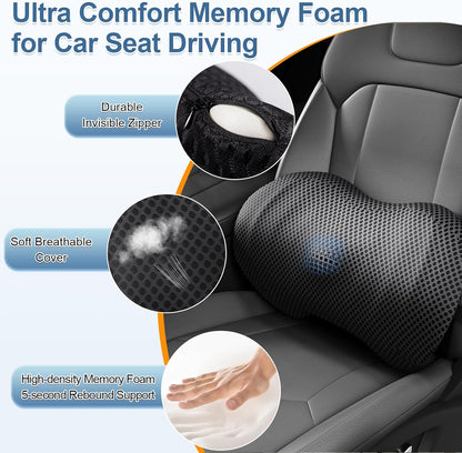 Lumbar Support Pillow for Car, Ergonomic Back Cushion with Strap, Memory Foam Lower Back Support Cushion for Driving, Lumbar Pillow for Pain Relief, for Office Chair, Long Sitting (Black 4D Mesh)