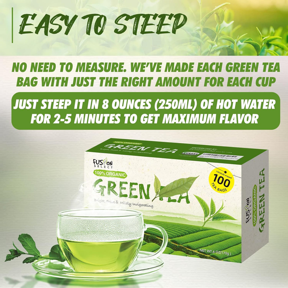 Fusion Select Organic Green Tea - Fresh Drink with Mild & Bright Flavor - Easy to Brew - Relaxing Tea Beverages with Antioxidant Support - 100 Individual Tea Bags per Box