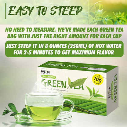 Fusion Select Organic Green Tea - Fresh Drink with Mild & Bright Flavor - Easy to Brew - Relaxing Tea Beverages with Antioxidant Support - 100 Individual Tea Bags per Box