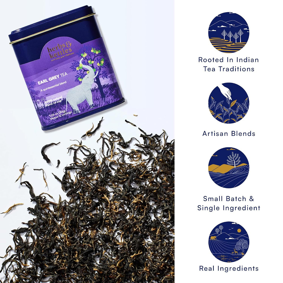 Herbs & Kettles Double Bergamot Earl Grey Tea ,1.06 oz | Whole Leaf Assam Black Tea Infused with Italian Bergamot Oil | Premium Loose Leaf Earl Grey with Smooth Citrus Aroma & Velvety Finish | Makes 12–14 Servings, 20-30 Cups | Gourmet Tea Gift