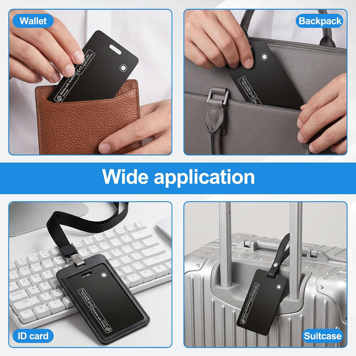 Smart Wallet Tracker Card (iOS & Android) - Item Finder for Luggage, Keys & Passport 、Compatible with Apple Find My、Slim, Rechargeable & IP68 Waterproof (4 Black)