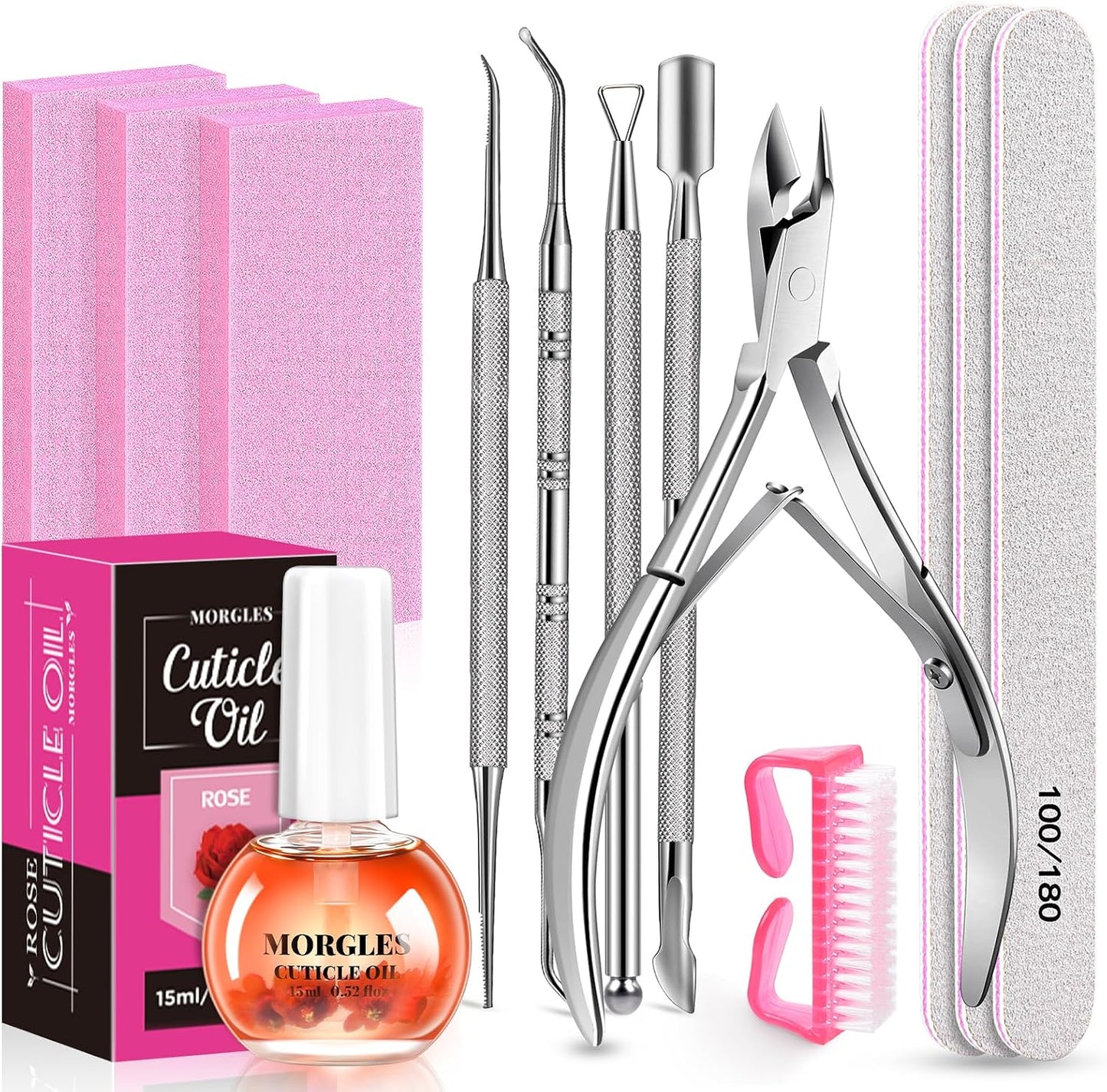 MORGLES Nail File and Buffer Blocks with Nail Care Kit, 13 Pcs Manicure Kit for Women with Milk and Honey Cuticle Oil and Cuticle Trimmer Set