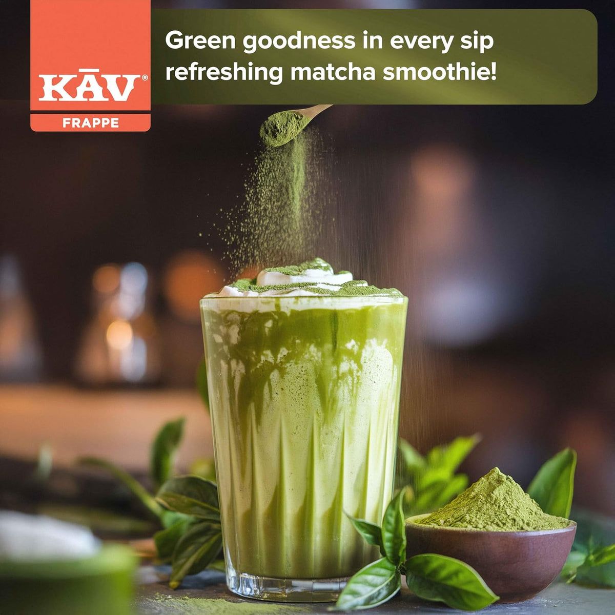 KAV Iced Blended Matcha Latte Frappe Mix | Instant, Ready-to-Mix Matcha Latte Powder for Hot or Cold Drinks – 10 oz
