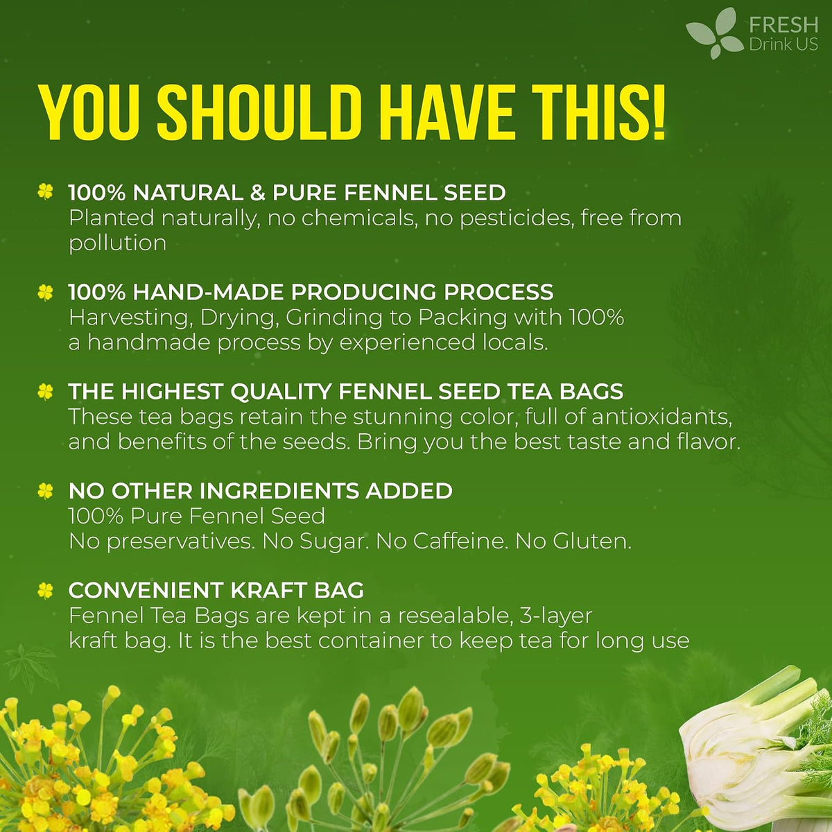 FreshDrinkUS, Premium 200 Fennel Tea Bags, 100% Natural & Pure from Fennel Seeds. Made with Natural Material Tea Bags. No Sugar, No Caffeine, No Gluten, Vegan.