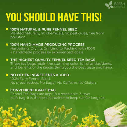FreshDrinkUS, Premium 55 Fennel Tea Bags, 100% Natural & Pure. Made with Eco-Conscious Tea Bags. No Sugar, No Caffeine, No Gluten, Vegan.