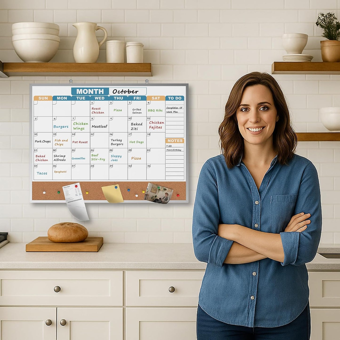 Monthly Calendar Dry Erase Board 16x12 Inch, Double-Sided Whiteboard and Corkboard Combo, Wall Mounted Planner Organizer with Markers, Magnets, Push Pins, Eraser, for Home Office School