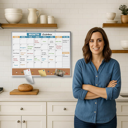 Monthly Calendar Dry Erase Board 16x12 Inch, Double-Sided Whiteboard and Corkboard Combo, Wall Mounted Planner Organizer with Markers, Magnets, Push Pins, Eraser, for Home Office School