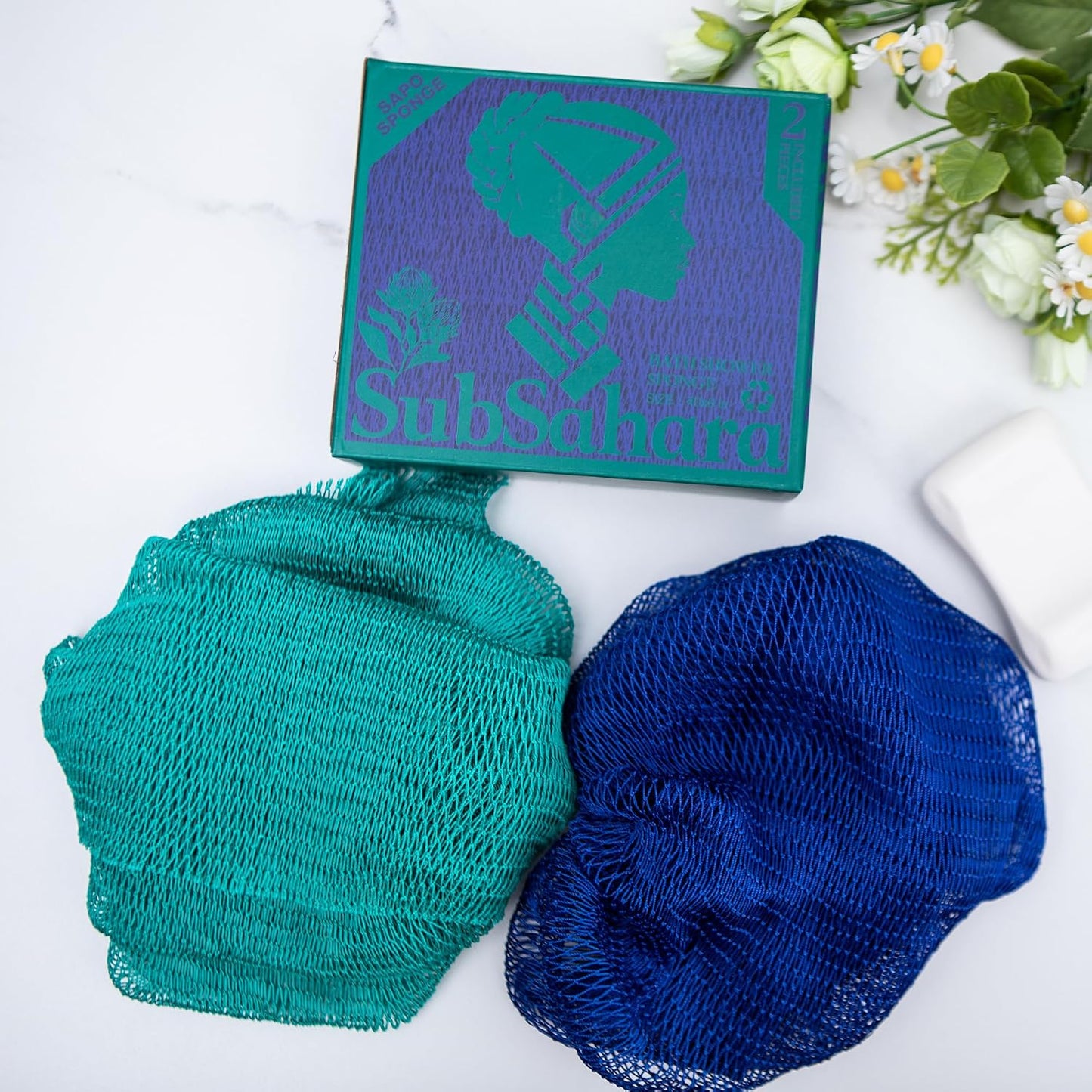 SubSahara Authentic African Net Sponge - 2 Pack Exfoliating Bath & Shower Loofah Sponge for Body & Face, Gentle Scrubber for All Skin Types, Travel, Durable Polyester (Olive Green & Light Green)