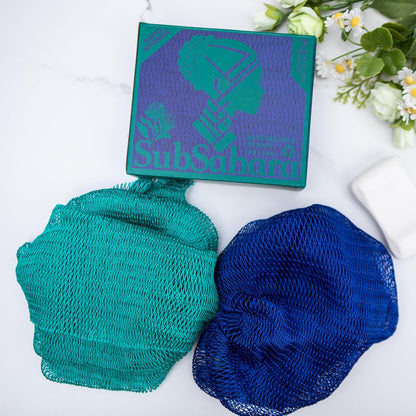SubSahara Authentic African Net Sponge - 2 Pack Exfoliating Bath & Shower Loofah Sponge for Body & Face, Gentle Scrubber for All Skin Types, Travel, Durable Polyester (Olive Green & Light Green)