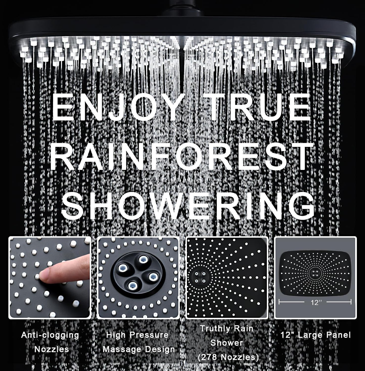 BOZYBO Rain Shower Head with Handheld: High Pressure Shower Heads with Handheld Spray Combo, 12" Rainfall Shower Head and 9 Sprays Hand Showerheads with Magnetic Docking and Power Jets, Black 1.75GPM
