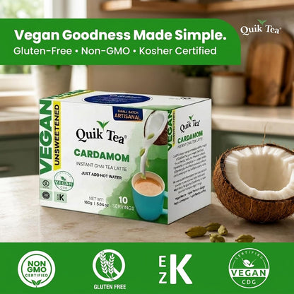 QuikTea Instant Masala Chai Tea Latte, 20 Single-Serve Sachets, Artisanal Indian Chai Latte Mix, Just Add Hot Water, Low Caffeine, Non-GMO, Gluten Free.