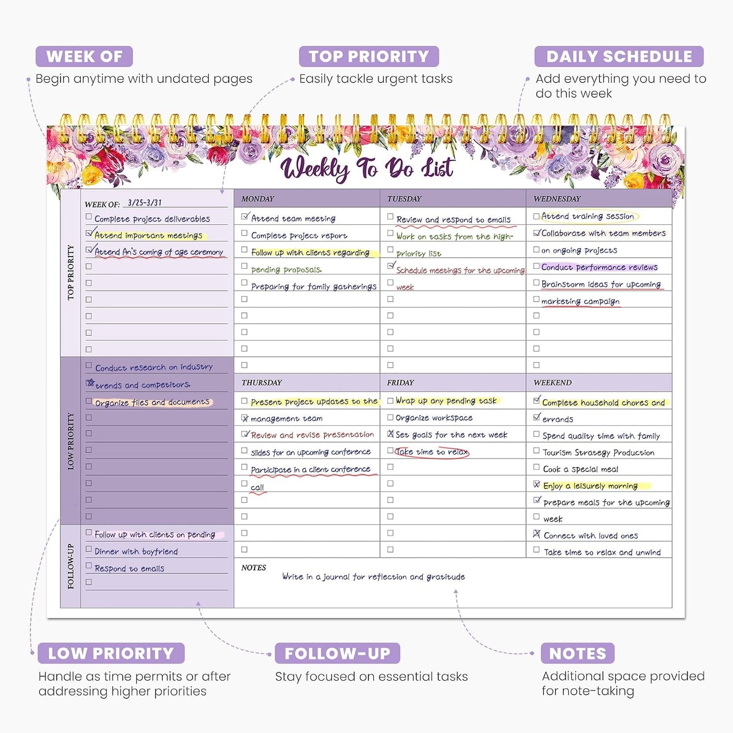 Weekly To Do List Notepad with 52 Undated Sheets（8.5"×11"）- Undated Weekly Planner Notepad for Office Desk Accessories and Supplies - Sunshine Petal