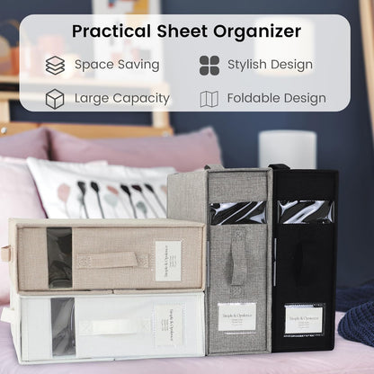Simple&Opulence 4 Pack Bed Sheet Organizers and Storage, Linen Closet Organizers, Sheets Set Folder Storages with Window and Label (Queen/King Size) Organizing Bedding Container, Linen