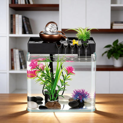 Indoor Water Fountain, 5-in-1 Tabletop Waterfall with Fish Tank & Mist Spray Humidifier, Desktop Fountain for Office Decor, Relaxing Small Water Feature for Bedroom Living Room Home