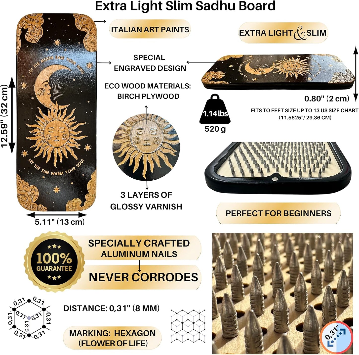 TENGRY Sadhu Board, Specially Crafted Aluminum & Copper Nails, Light Nail Board, 0.31 IN (8 mm), Beginners, Hexagon, Slim Sadhu Wood Board for Standing on Nails, Acupuncture Foot Massage, Yoga Gift
