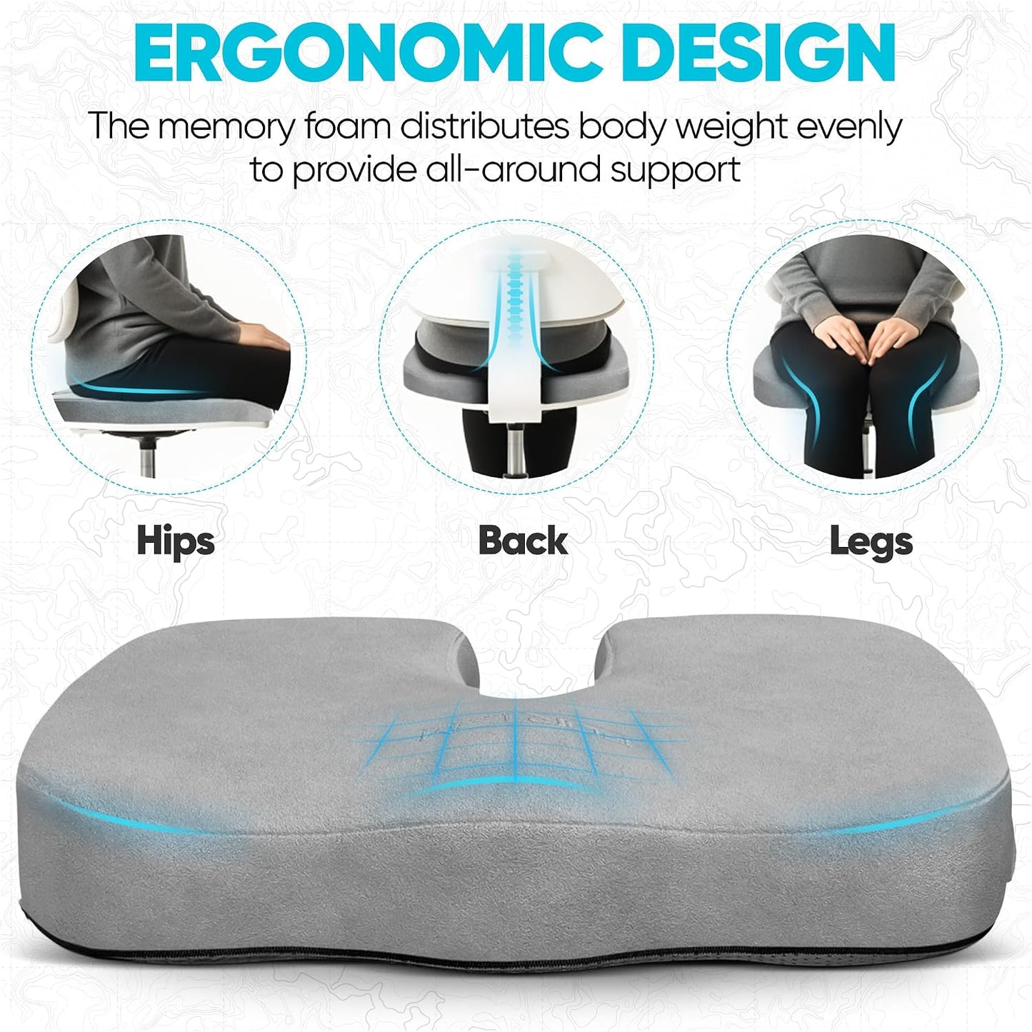 FORTEM Seat Cushion, Office Chair Cushion, Memory Foam Car Seat Cushions, Sciatica Coccyx Tailbone Pain Relief, Chair Cushions for Back Support, Sitting Pad for Gaming, Washable Cover, Non Slip