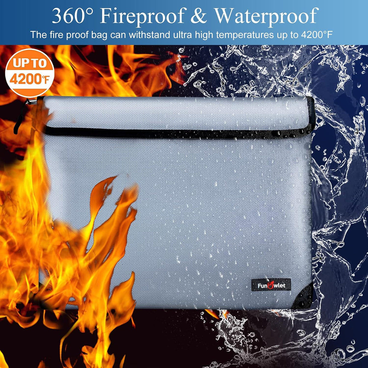 Fireproof Waterproof Money Document Bag, 13.9"x10.6", Blue
