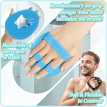Silicone Back Scrubber & Bath Glove Set 2PCS, 13.4'' Gentle Shower Back Scrubber with Dual-Side Head Non-Slip Handle, 360° Anti-Slip Hand-fit Bath Glove for Rich Foaming Deep Cleaning(Black)