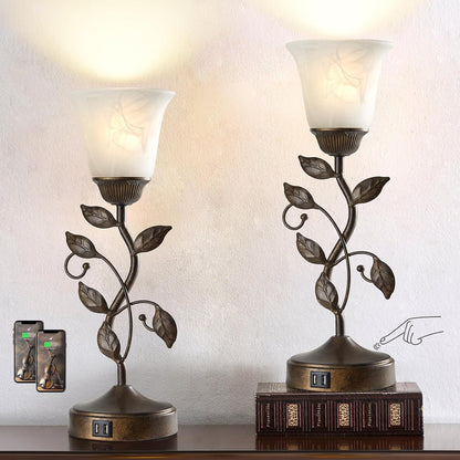 Touch Control Table Lamp with 2 USB Charging Ports, 3-Way Dimmable Bedside Nightstand Lamps, Amber Glass Shade Vintage Rural Leaf Lamp for Living Room, Bedroom, Dresser, LED Bulb Included (Bronze)