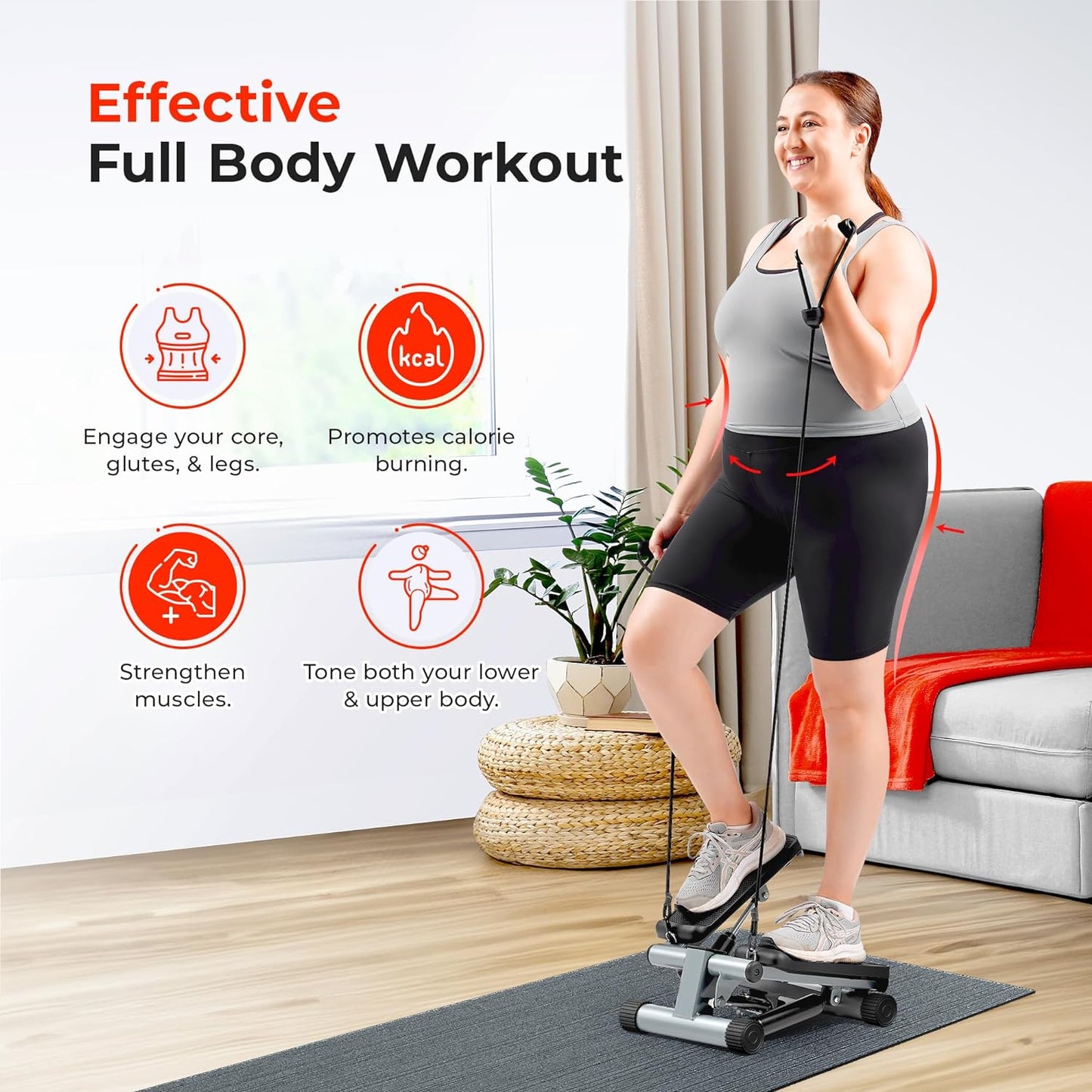 Sunny Health & Fitness Mini Steppers for Exercise at Home, Stair Step Workout Machine with Resistance Bands, Full Body Cardio Equipment, Optional Free SunnyFit App Connection Smart Stepper