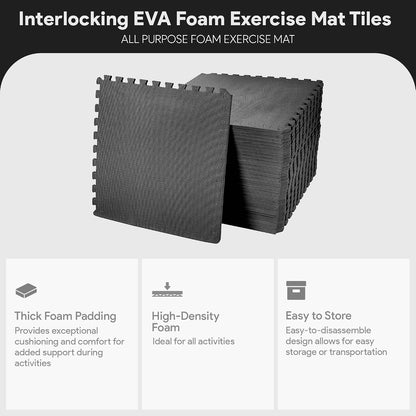 BalanceFrom Puzzle Exercise Mat 1/2" Thick, EVA Interlocking Foam Floor | Tiles for Home Gym, Mat for Home Workout Equipment, Floor Padding for Kids, Black, 24 in x 24 in x 1/2 in, 144 Sq Ft-36 Tiles
