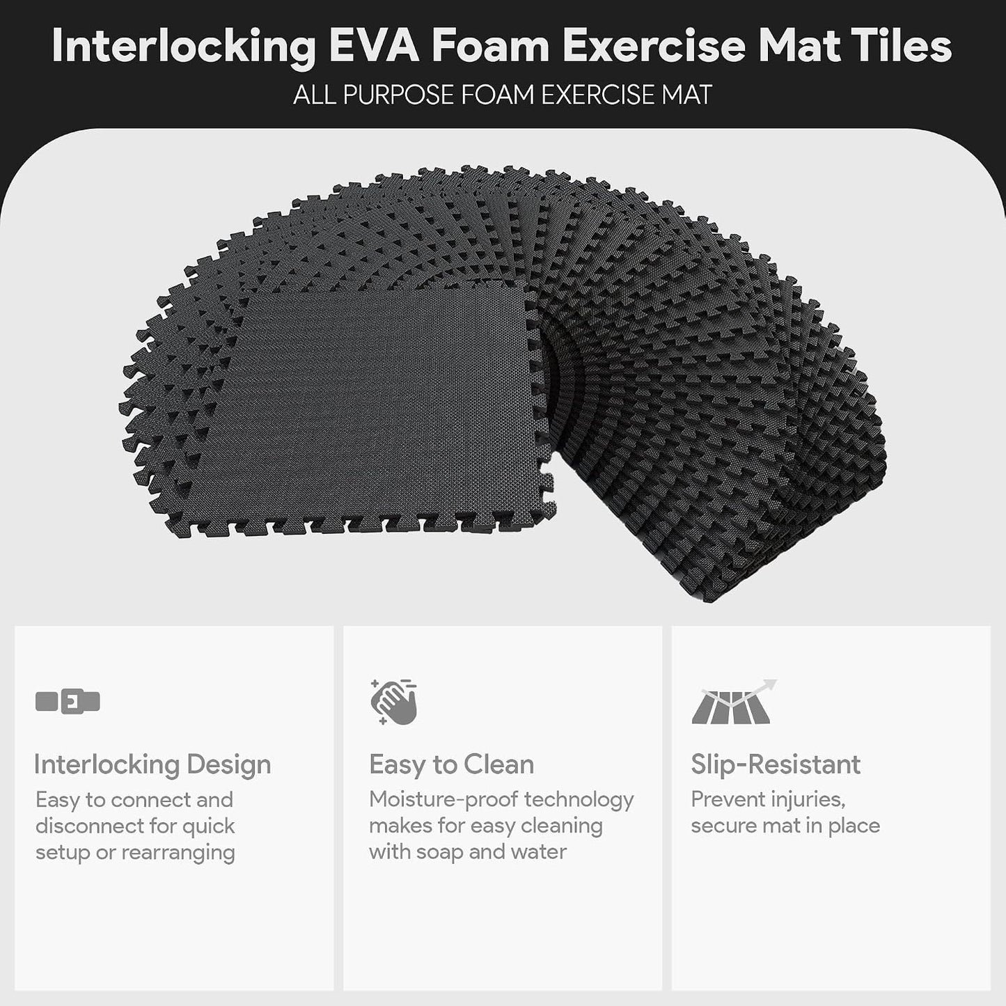 BalanceFrom Puzzle Exercise Mat 1/2" Thick, EVA Interlocking Foam Floor | Tiles for Home Gym, Mat for Home Workout Equipment, Floor Padding for Kids, Black, 24 in x 24 in x 1/2 in, 144 Sq Ft-36 Tiles