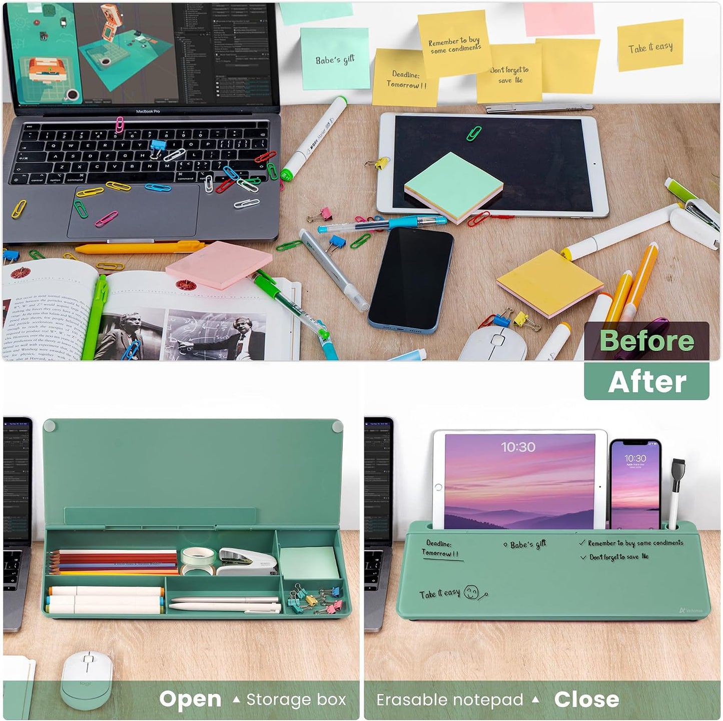 Varhomax Glass Weekly Dry Erase Desk White Board, Desktop to Do List Planner Whiteboard Calendar with Storage Caddy Memo for Home and Office, White