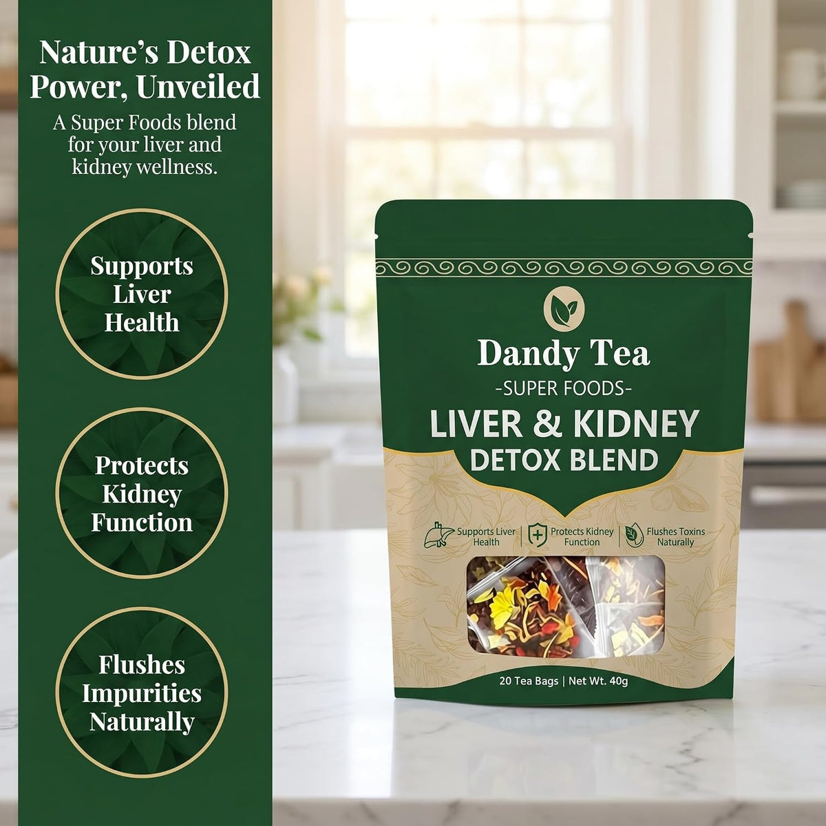 Dandy Superfoods Liver and Kidney Detox Tea,Liver Detox Tea - Dandelion Goji Berry Tea | Natural Herbal Blend - 20 packs