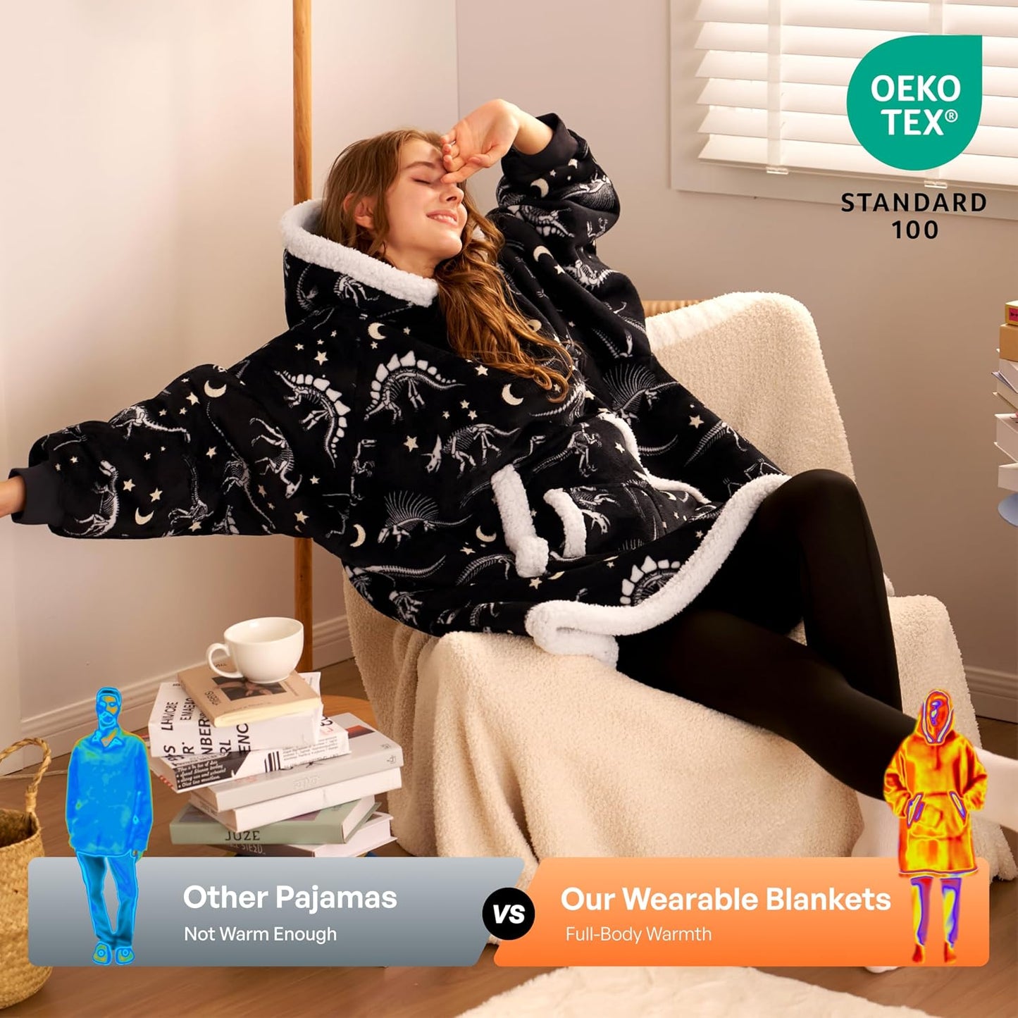 Giggling Getup Wearable Blanket Hoodie for Adults Gifts for Teen Girls Sister Women Sherpa Fleece Printed Hooded Blanket Sweatshirt Warm Cozy with Pocket & Sleeves Beige Cat
