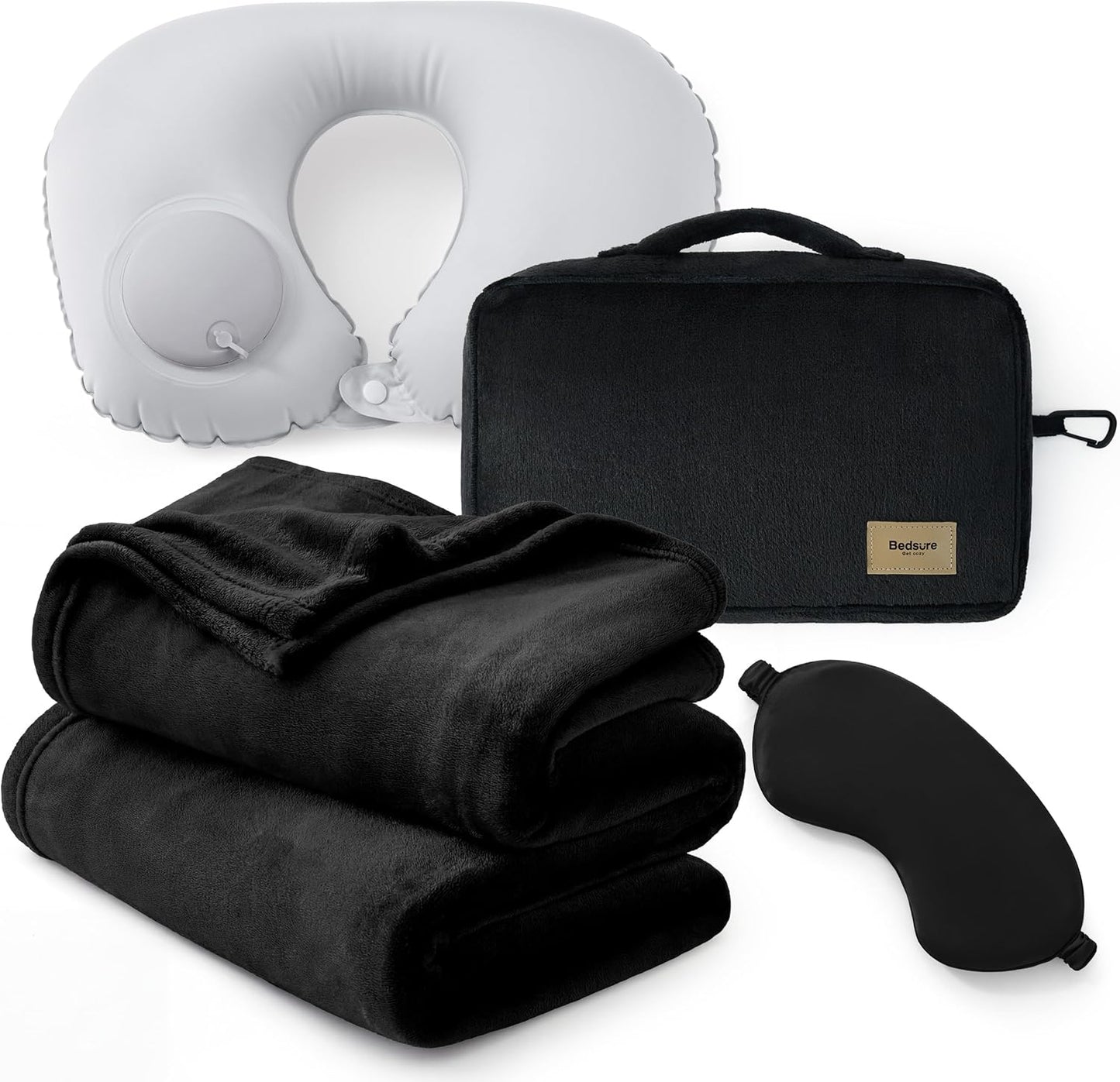 Bedsure Travel Blanket Set with Inflatable Neck Pillow and Eye Mask - Lightweight 3-in-1 Airplane Packable Blanket, Compact Travel Essentials, Grey