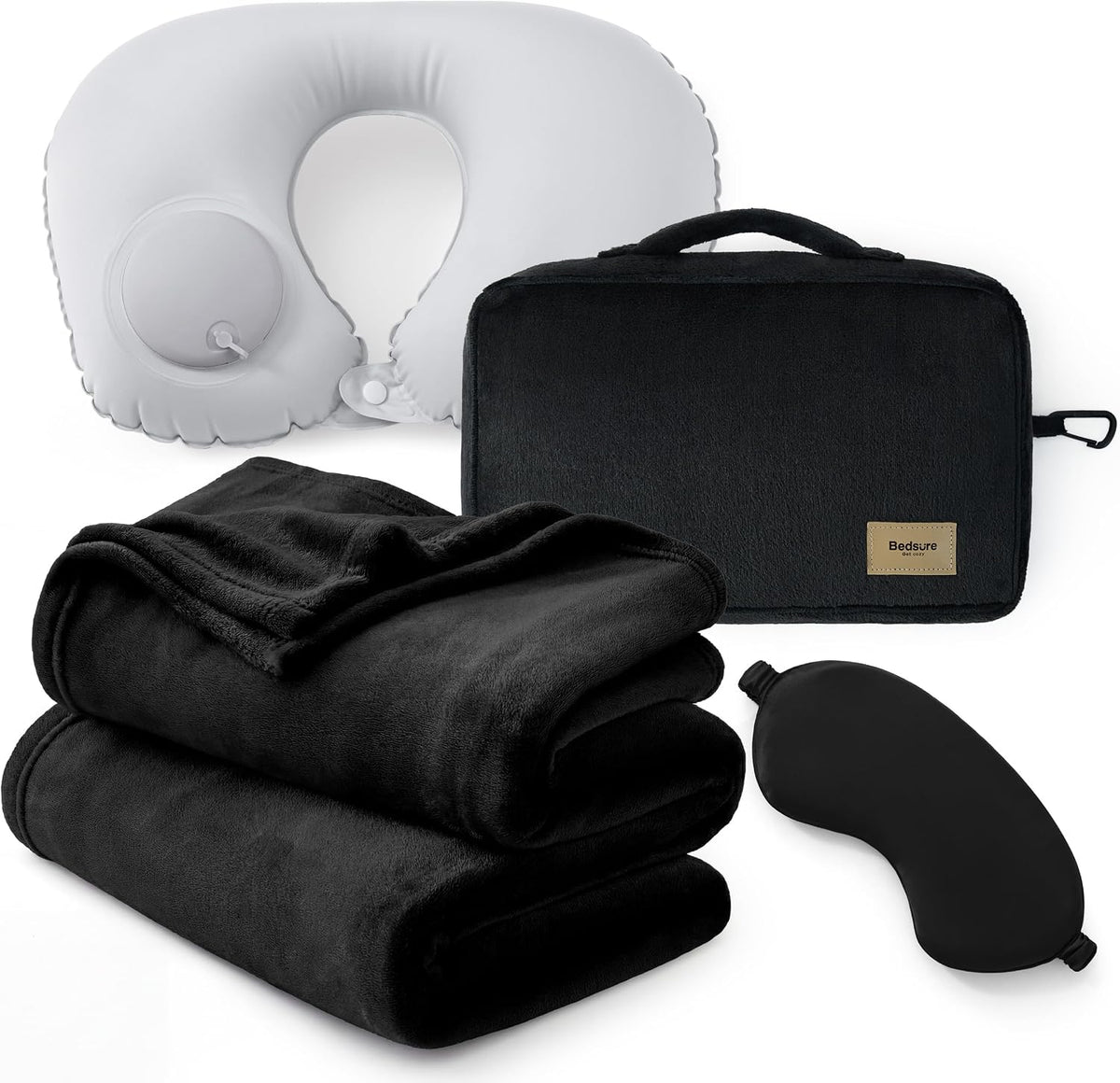 Bedsure Travel Blanket Set with Inflatable Neck Pillow and Eye Mask, Grey