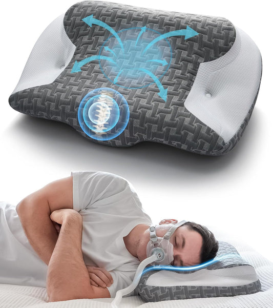 Elviros CPAP Pillow for Side Sleeping, Sleep Apnea Memory Foam Pillow for All CPAP Masks Users to Reduce Air Leaks & Masks Pressure, Adjustable Height with Cooling Breathable Cover (Grey)