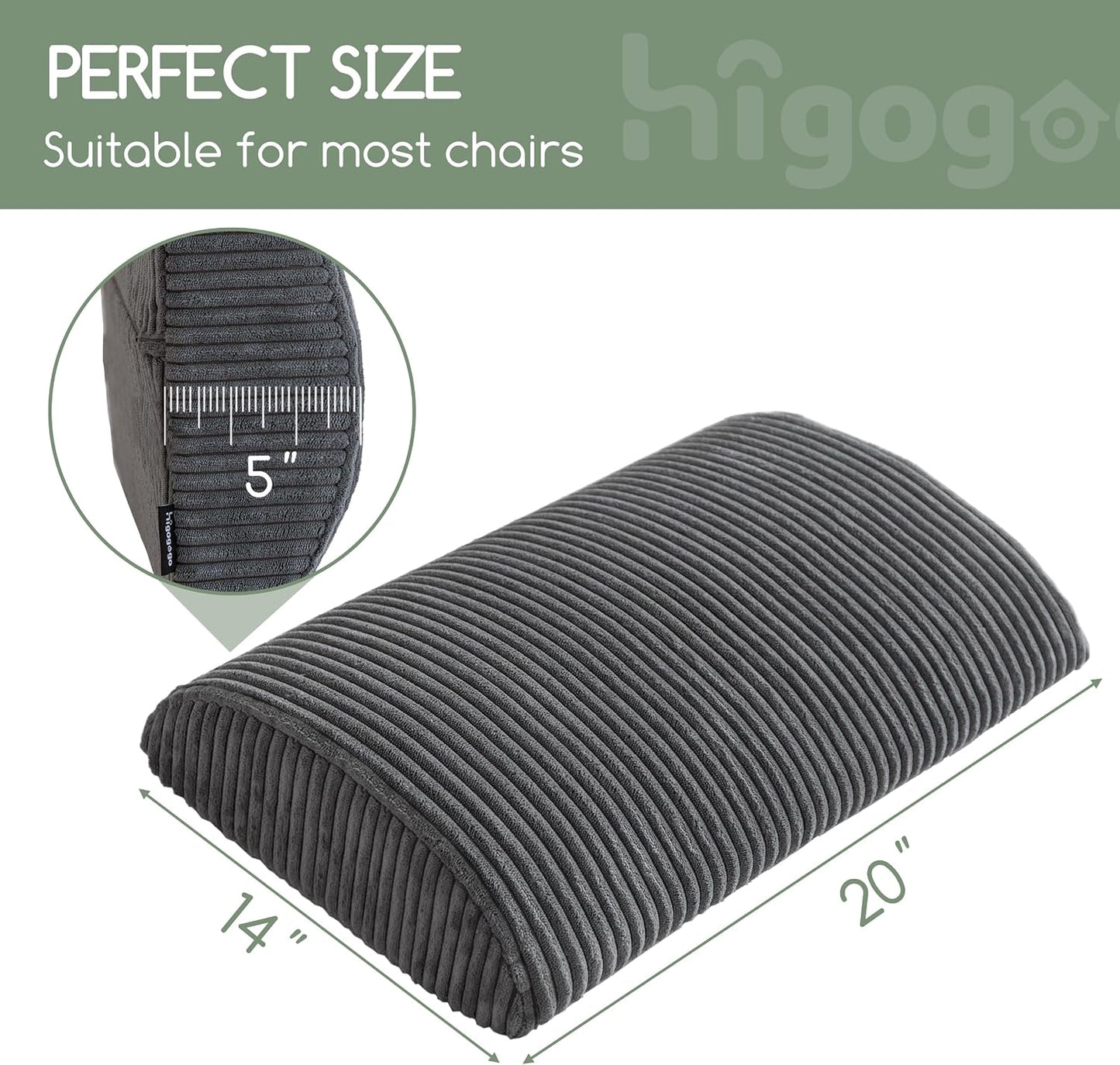 HIGOGOGO Lumbar Support Pillow for Recliner Chair/Accent Chair/Couch, Memory Foam Back Support Cushion for Elderly, Recliner Cushions for Back Rest, Pain Relief, Reading, Washable Cover, Dark Grey