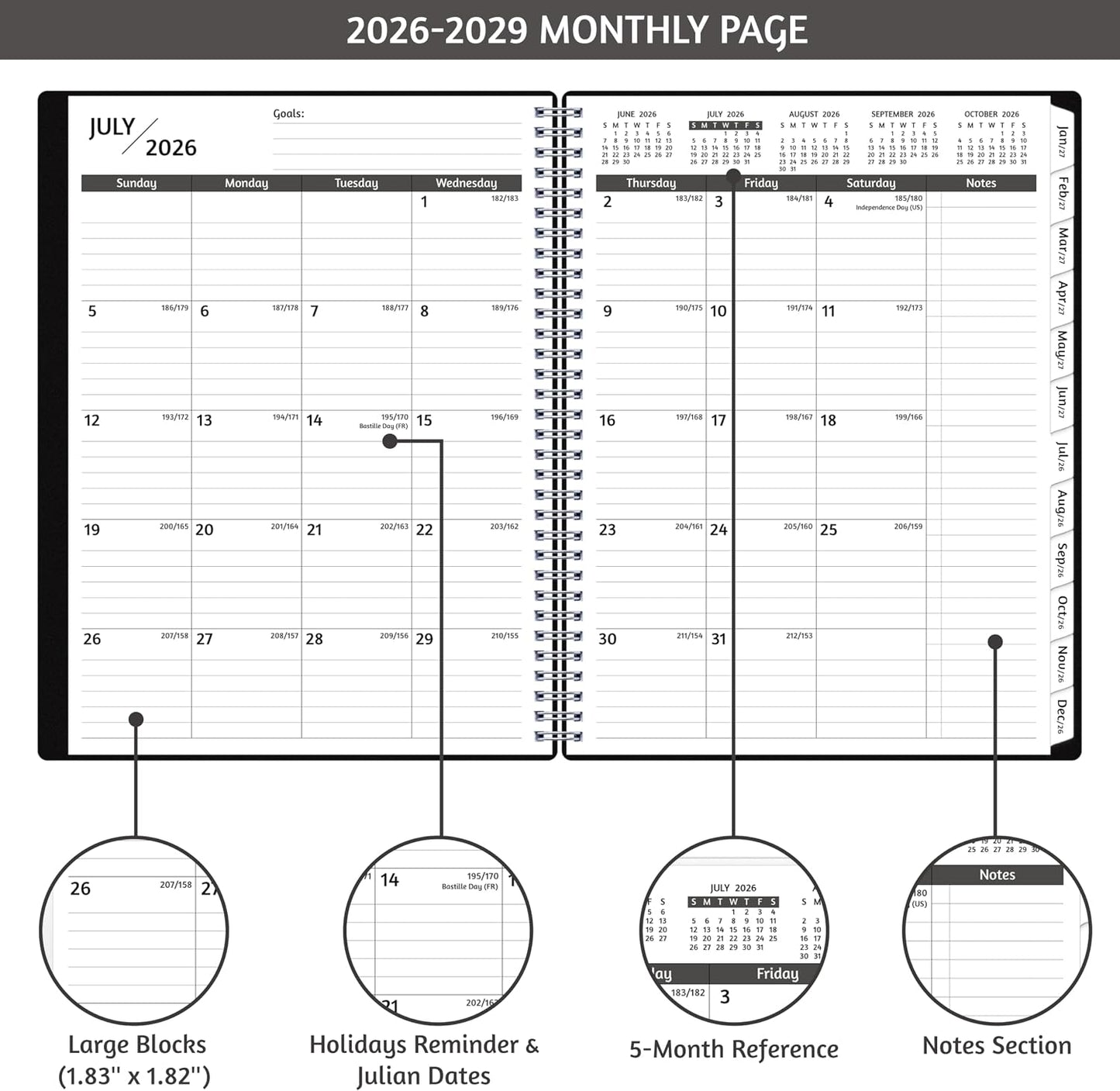 Monthly Planner 2026-2029, 36 Months Calendar Planner 2026-2029 from Jul 2026 – Jun 2029, 8.5'' x 11'' with Ruled Spread, Flexible Cover, Spiral Wirebound, Pocket, Coated Tabs, Notes ＆ Habit Tracker
