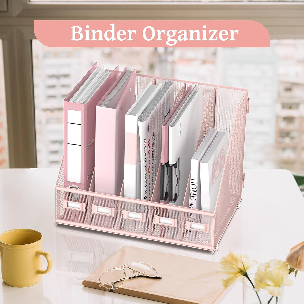 SUPEASY Desk Organizers Metal Desk Magazine File Holder with 5 Vertical Compartments Rack File Organizer for Office Desktop, Classroom, Home Workspace, Black