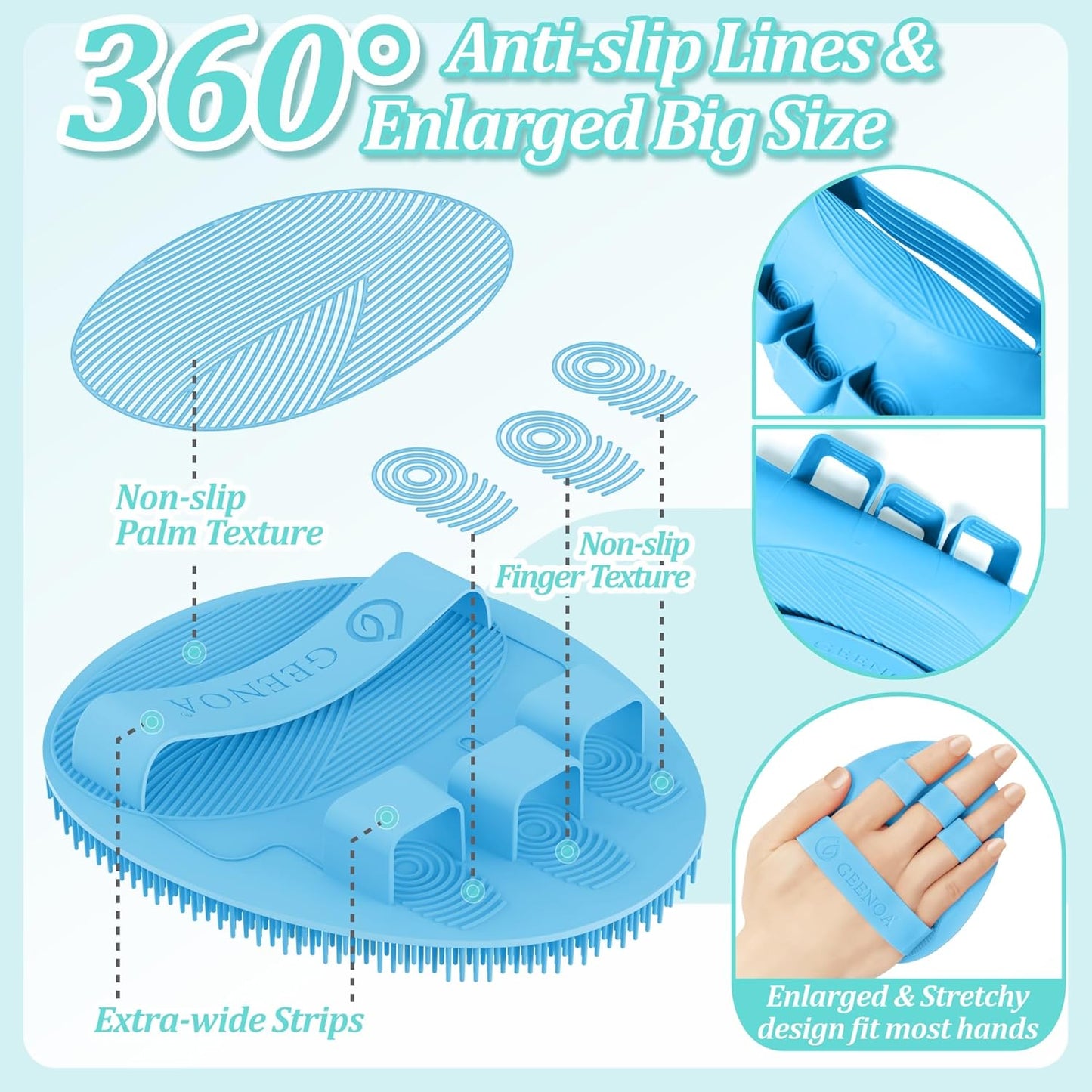 Silicone Back Scrubber & Bath Glove Set 2PCS, 13.4'' Gentle Shower Back Scrubber with Dual-Side Head Non-Slip Handle, 360° Anti-Slip Hand-fit Bath Glove for Rich Foaming Deep Cleaning(Black)