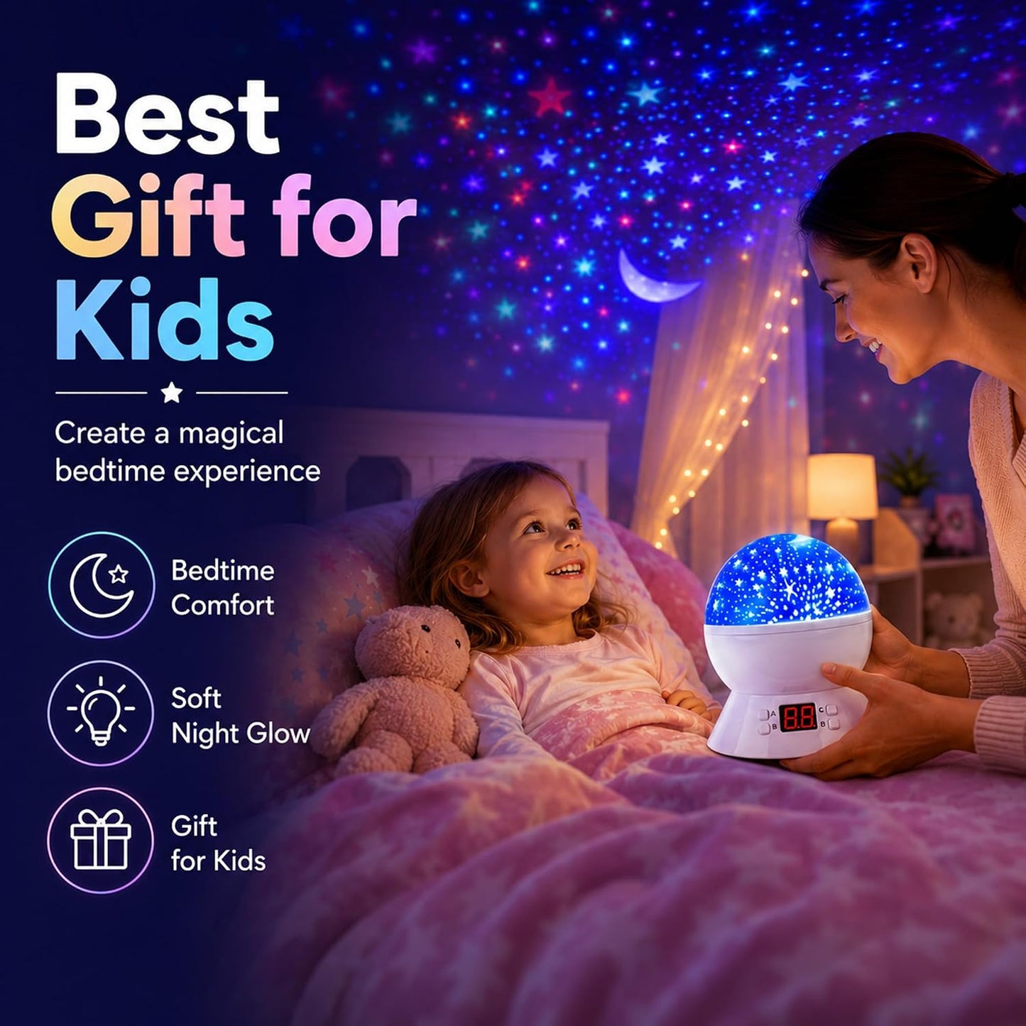 Kids Star Projector Night Light, Star Night Light Projector for Kids, Ceiling Stars Projection Lamp with Timer, 360° Rotating Night Light for Bedroom, Birthday Gift for 3 4 5 Year Old Girls Boys Black