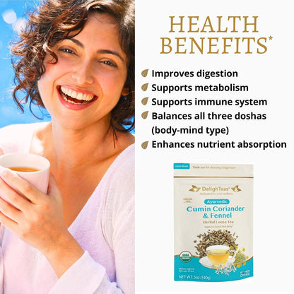 DelighTeas Organic Digest & Detox CCF Tea | Ayurvedic Cumin, Coriander, Fennel Loose Leaf Tea for Digestion, Detox Cleanse | USDA Organic, Non-GMO, Caffeine Free, Sugar Free | 60 Servings, 5 oz.
