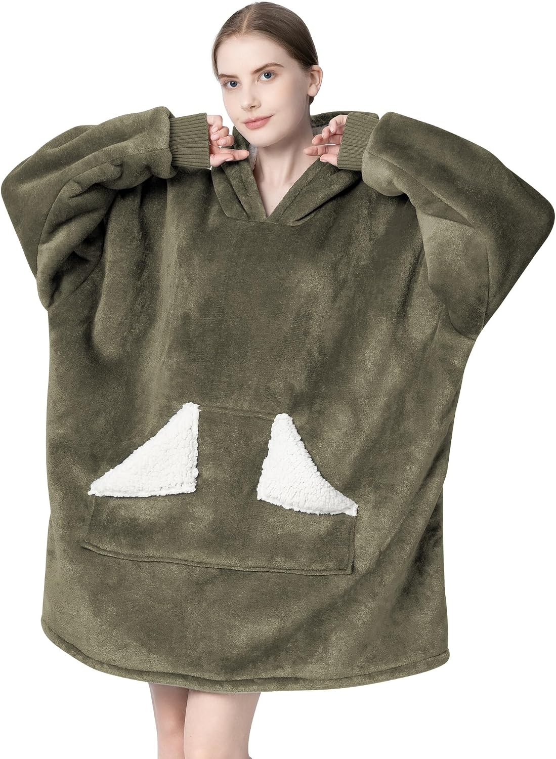 Touchat Wearable Blanket Hoodie, Oversized Sherpa Blanket Sweatshirt with Hood Pocket and Sleeves, Super Soft Warm Plush Hooded Blanket for Adult Women Men, One Size Fits All (Pink)
